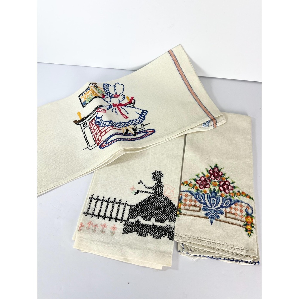 Vintage embroidered tea towels dish towel linen cross stitch linens